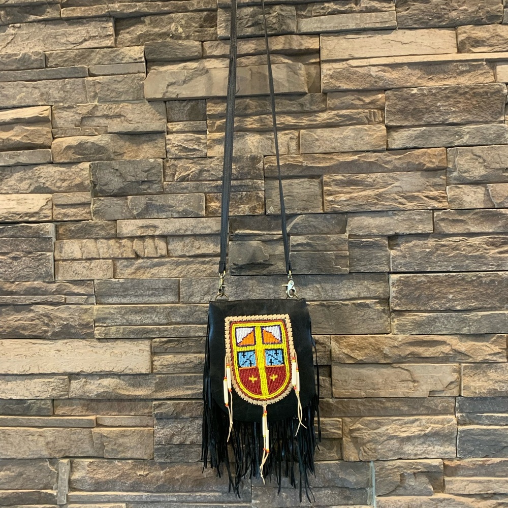 Fringed Crossbody Leather Bag with Beaded Crest